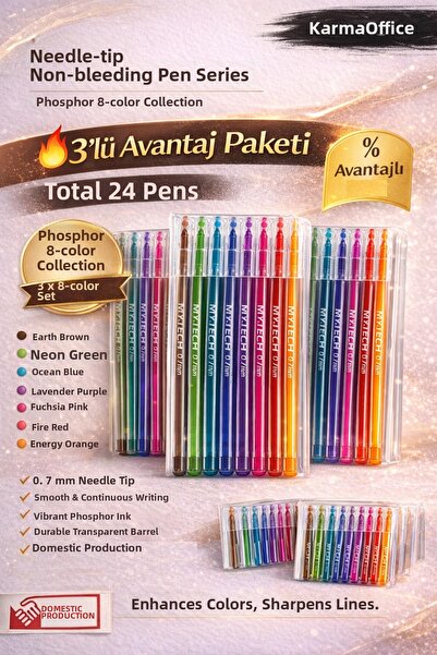 KarmaOfis 8 Different Colors 0.7mm Tip Ballpoint Pen Set – 3-Pack (24 Pens) 0...