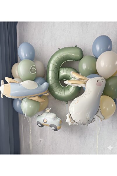 Çemrek Süs Parti Retro Airplane Police Car Rabbit Foil Balloon and Mint Numbe...