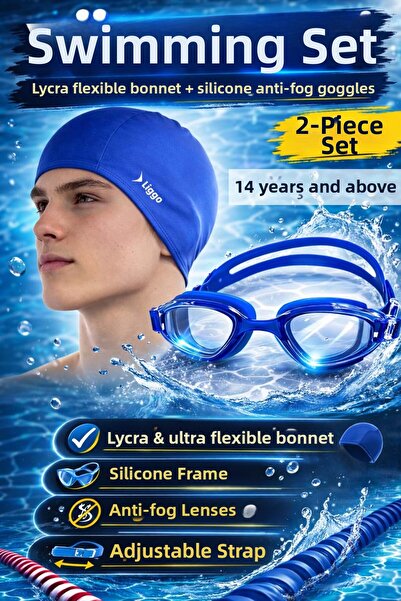 Liggo Swimming Goggles Pool Swimming Goggles Lycra Cloth Bonnet Set Gs3