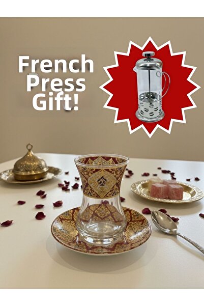AiroBazar Topkapı Tea Set for 6 Persons, French Press Gift, 9 Different Ottom...
