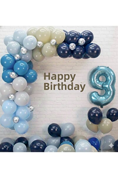 Çemrek Süs Parti Blue Balloon Chain Set Number Balloon Balloon Stand and Bann...