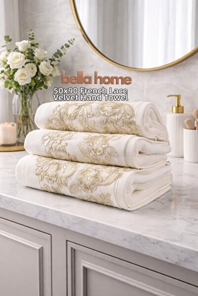 Bella Home Velvet French Lace Piece Hand Towel Set |   50X90 cm |   3 Pieces ...