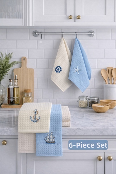 PİAURA Marina Patterned Cotton Kitchen Drying Cloth Set of 6 – Highly Absorbe...