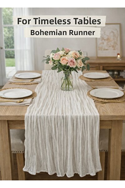 SOFT DEKOR Bohemian Table Runner Natural Beige Modern Home Decor Wedding Enga...