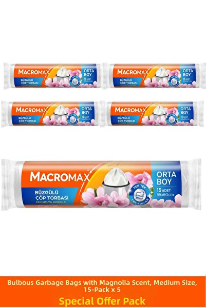 MACROMAX أكياس قمامة برباط سحب متوسطة الحجم برائحة المانوليا 15 قطعة × 5