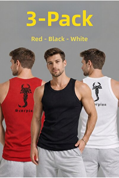 LUMİART Men's Sports Ribbed Singlet 3-Piece Set Red, Black and White Slim Fit...