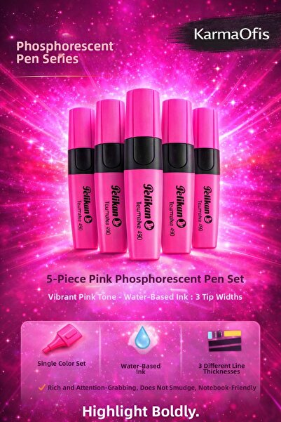 KarmaOfis 5-Piece Pink Highlighter Pen Set – Water-Based, 3 Tips, Intense Pig...
