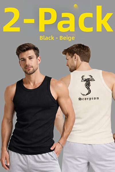 LUMİART Men's Sports Ribbed Singlet Set of 2 Black and Beige Slim Fit Camisol...