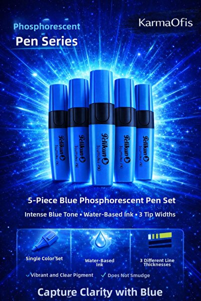 KarmaOfis Set of 5 Blue Highlighter Pens – Water-Based, 3-Tip, Intense Pigment