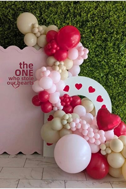 Çemrek Süs Parti Pink Red Beige Balloon Chain Set with 103 Jumbo and Heart Ba...