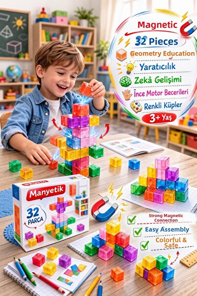 TOYFEST Colorful Magnetic Cube Building Set 32 Pieces |   Geometry Education ...