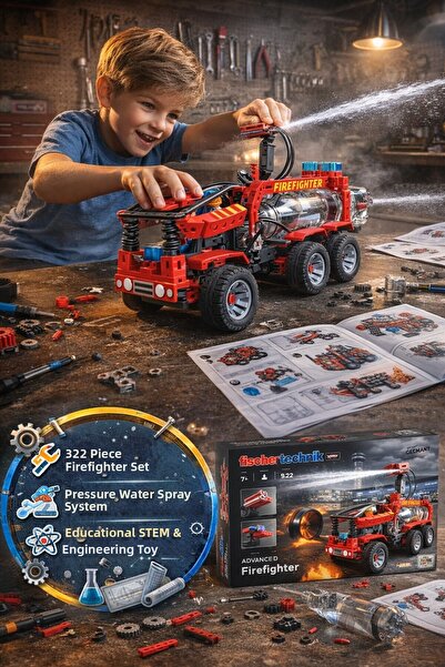 TOYFEST فيشترتكنيك أدف. مجموعة بناء سيارة إطفاء بـ 322 قطعة، تطلق رذاذًا من ا...