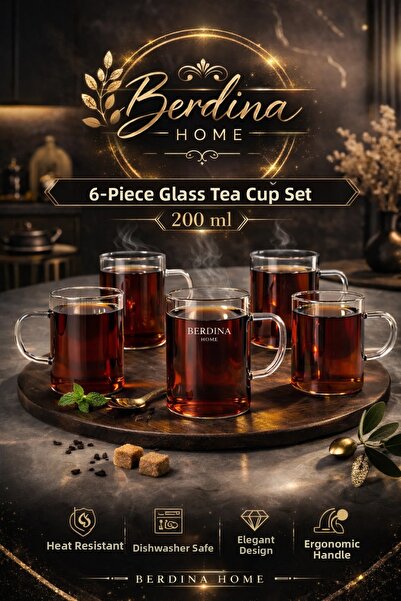 Berdina Home Set of 6 Borosilicate Glass Tea Cups 180 ml Heat Resistant Trans...