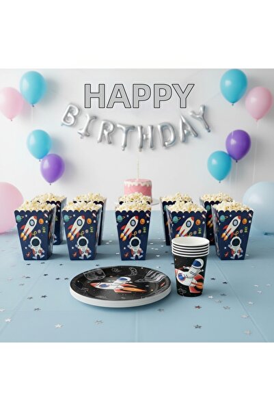 Umamiçe Uzay Party Set – 8-Piece Corn Box + 8-Piece Plate and Cup Set