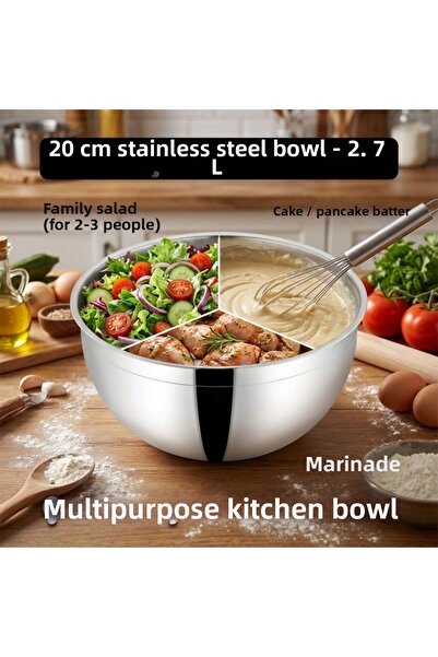 Meaty Cheesy Steel Bowl 20 cm (2.7 L) - Multi-Purpose Bowl for Cake, Pastry, ...