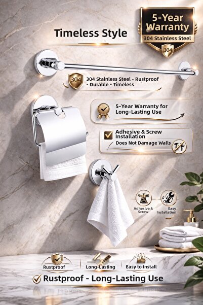 Alper Banyo 304 Stainless Steel 3-Piece Bathroom Set |   Covered Paper Holder...