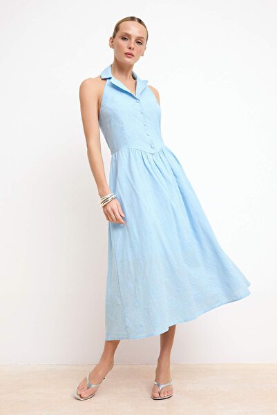 Trendyol Collection Светлосиня платнена рокля с дълъг подол TWOSS26EL00224