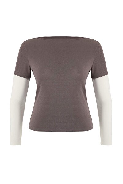 Trendyol Curve Bluză tricotată cu mâneci din spumă, antracit-ecru, mărime mar...