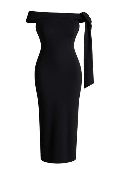 Trendyol Curve Black-White Shoulder Bow Detail Knitted Plus Size Evening Dres...