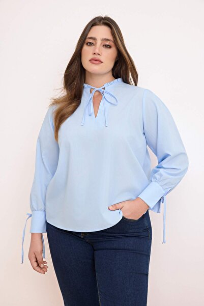 Trendyol Curve Bluză din voal de bumbac albastru, țesută, mărime mare TBBSS26...