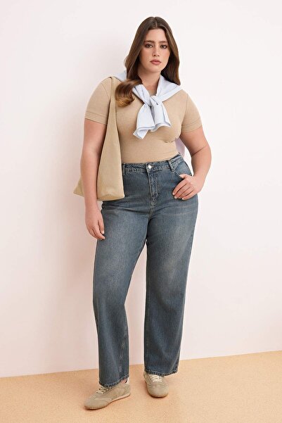 Trendyol Curve Blue Elastic High Waist Straight Cut Straight Fit 100% Cotton ...