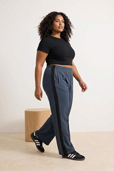 Trendyol Curve Anthracite Side Stripe Detailed Wide Leg Comfortable Flowy Plu...