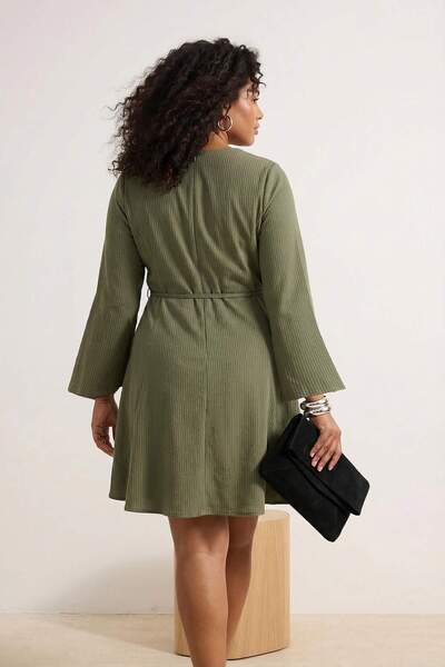 Trendyol Curve Khaki Striped Lace-Up V-Neck Mini Woven Plus Size Dress Tbbss2...