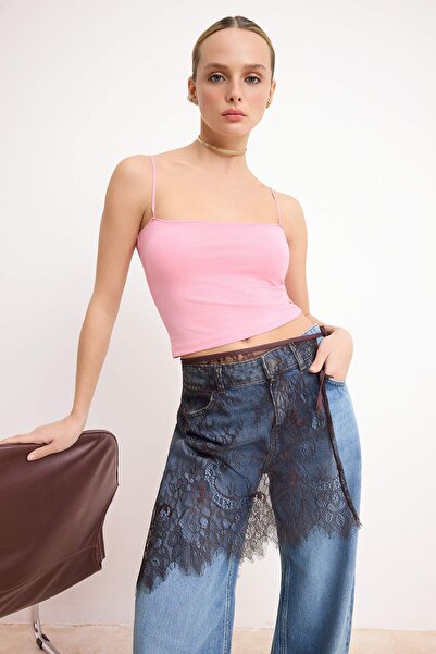 Trendyol Collection Pink Fitted/Body-Fitting Strappy Strapless Sleeveless Cot...