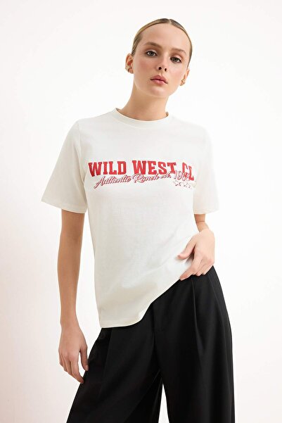 Trendyol Collection Ecru Slogan Regular/Normal Fit Kurzarm-T-Shirt aus 100 % ...