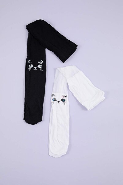 TRENDYOLKIDS Екру-черни 2-компонентни чорапогащи с котешки принт за момичета ...