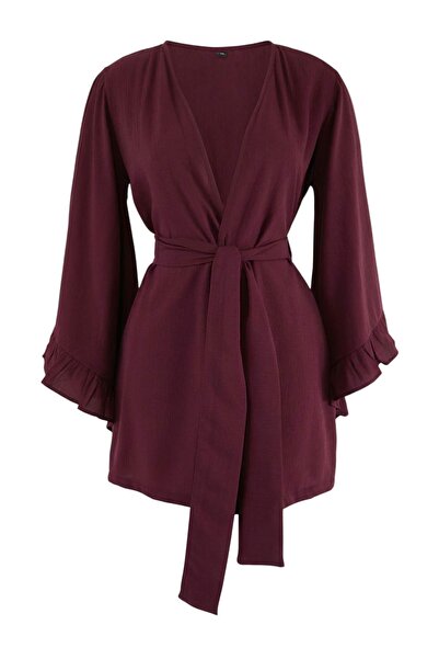 Trendyol Collection Plum Belted Mini Woven Flounce Beach Kimono&Kaftan Tbess2...