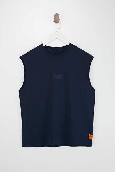 Trendyol Collection Navy Blue Oversized /Wide Cut Puffy Lettering Printed Lab...