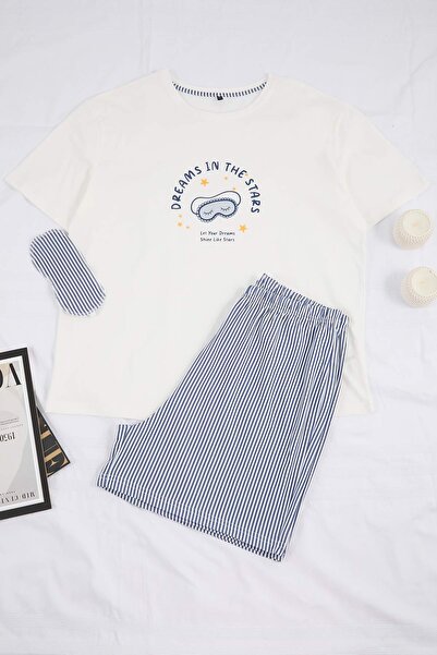 Trendyol Curve Blue Printed Cotton Big Size Pajamas Set Tbbss26Ai00030