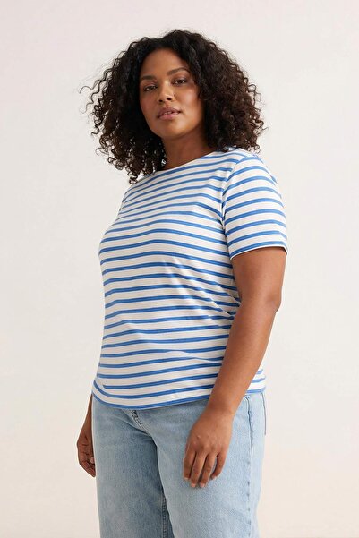 Trendyol Curve Boat Neck White-Blue Striped Knitted T-Shirt - Tbbss23Bf00018