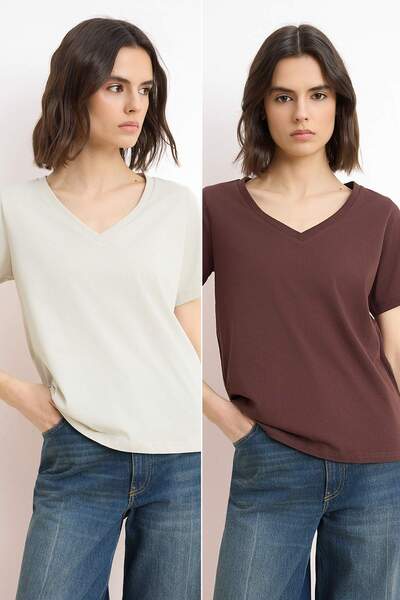 Trendyol Collection Ecru-Maro bumbac 100% Pachet de tricou Mărimi Standard ba...