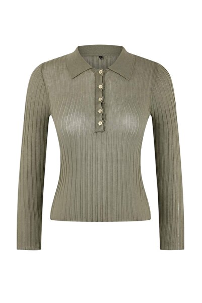 Trendyol Collection Необходими елементи от гардероба Открит каки пуловер с ре...