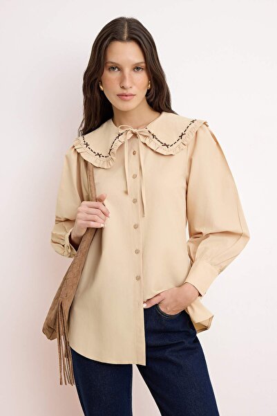 Trendyol Modest Light Beige Regular Terrycotton Plain Woven Collar with Embro...