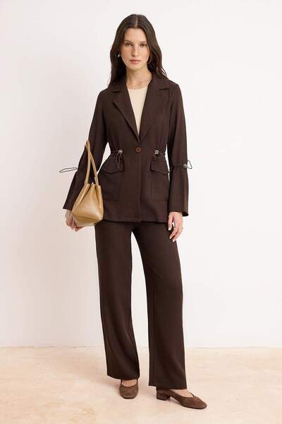 Trendyol Modest طقم علوي وسفلي من الكتان العادي المخلوط ذو النسيج العادي بالل...