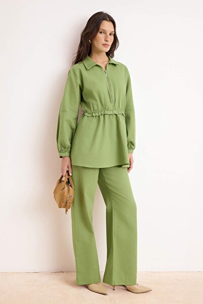 Trendyol Modest Khaki Regular Linen Blend Plain Woven Linen Blend Hijab Botto...