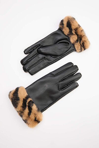 Trendyol Collection Черни дамски ръкавици с детайли от изкуствена кожа на лео...