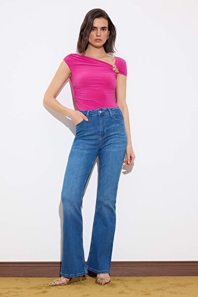 Trendyol Collection Blaue RECOVERY-Jeans mit hoher Taille, extra dehnbar, lan...