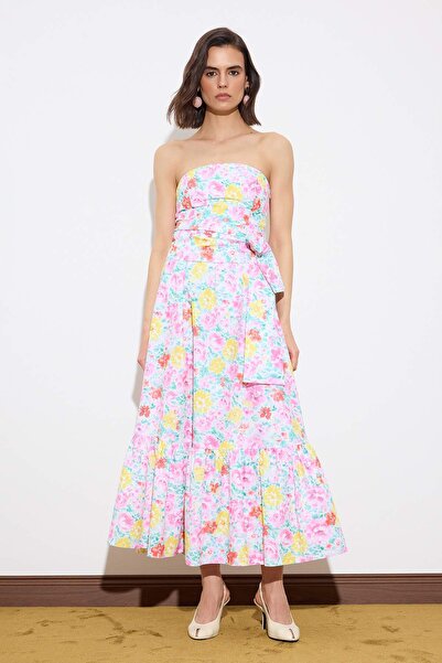 Trendyol Collection Multicolored Floral Belted Gipeli Midi Woven Dress Twoss2...