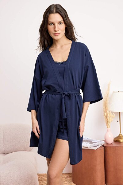 Trendyol Collection Тъмносин 3-частен комплект от мек трикотажен халат с дант...