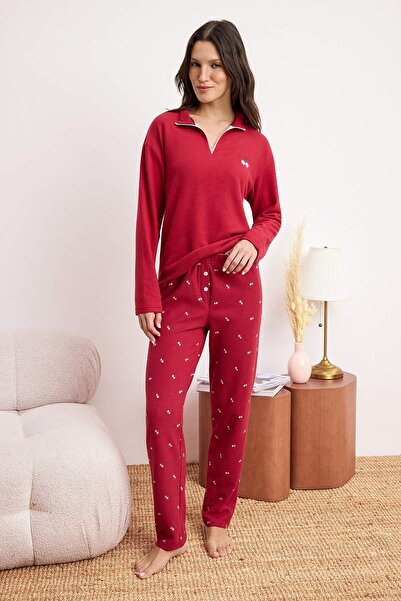 Trendyol Collection Σετ πιτζάμες με φερμουάρ μπορντό κεράσι, μαλακό χειμερινό...