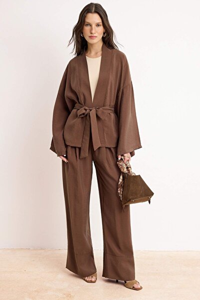 Trendyol Modest Set maro supradimensionat din in Aerobin cu țesătură simplă ș...