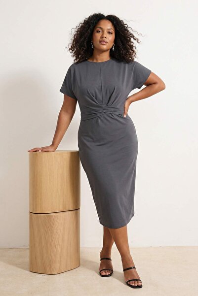 Trendyol Curve Antracit Straight Cut Tie Detail Maki / Long KSNUMKS% pamučna ...