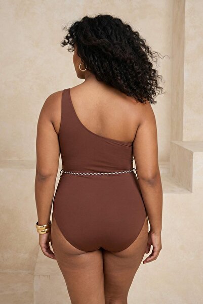 Trendyol Curve Καφέ ολόσωμο μαγιό με ζώνη και σχέδιο κοχύλι TBBSS26AM00017