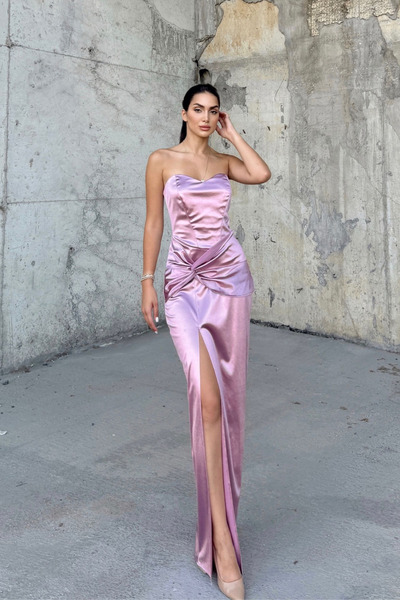 Mekafashion Pamira Ön Düğüm Detay Straplez Saten Abiye 582836