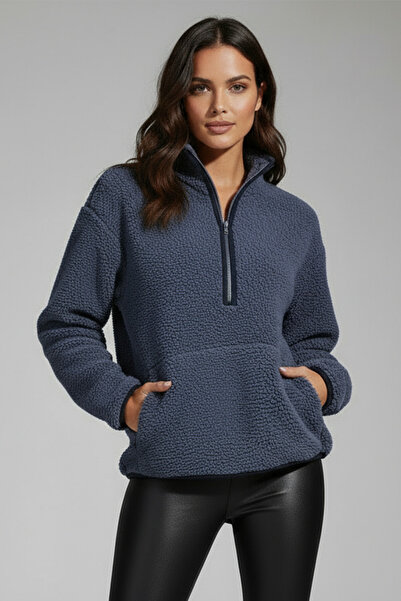 Grenj Fashion İndigo Peluş Örme Spor Sweatshirt