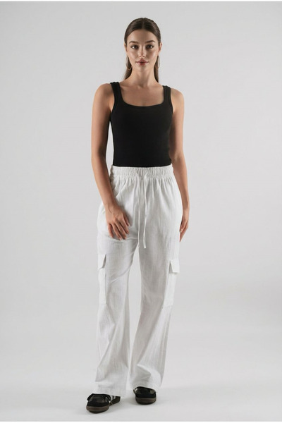 Seeh White Women's Pants with Muslin Fabric - Pocket Detail, Waist Elastic Sh186